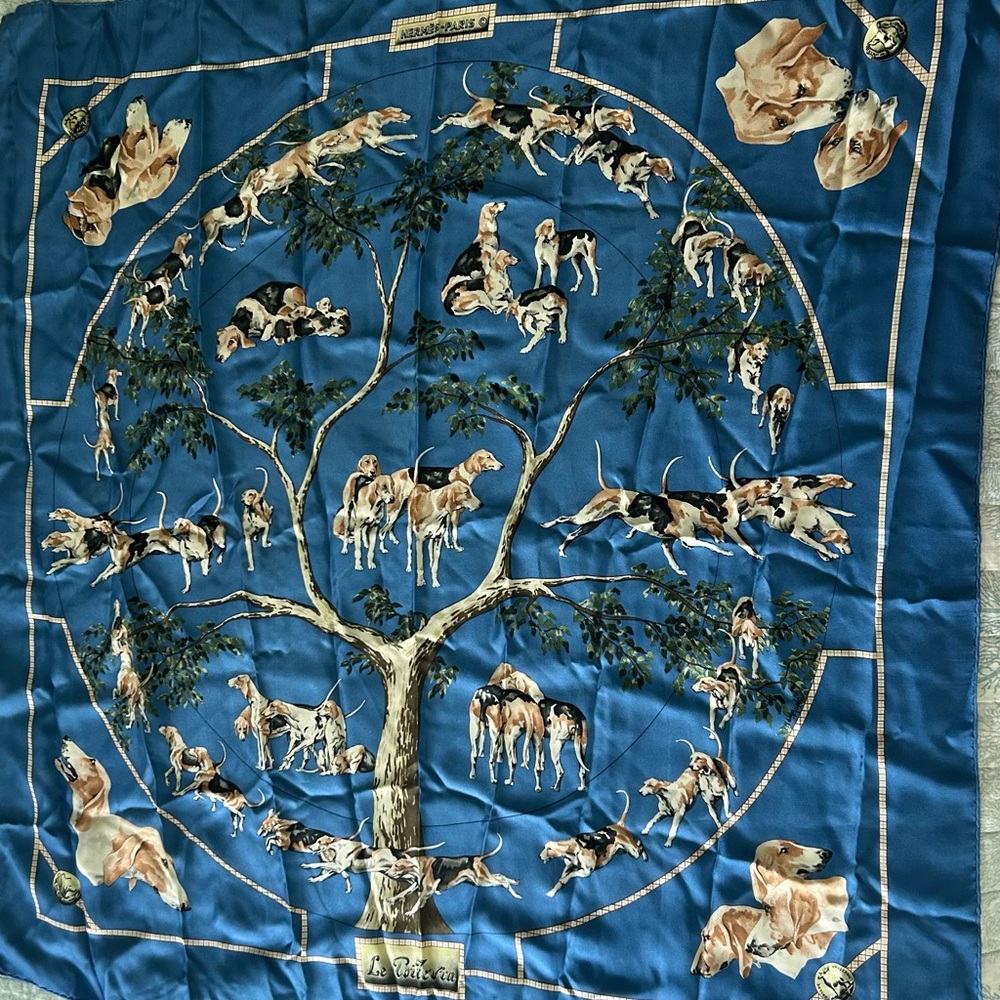 Hermes Blue and Tan Silk Scarf